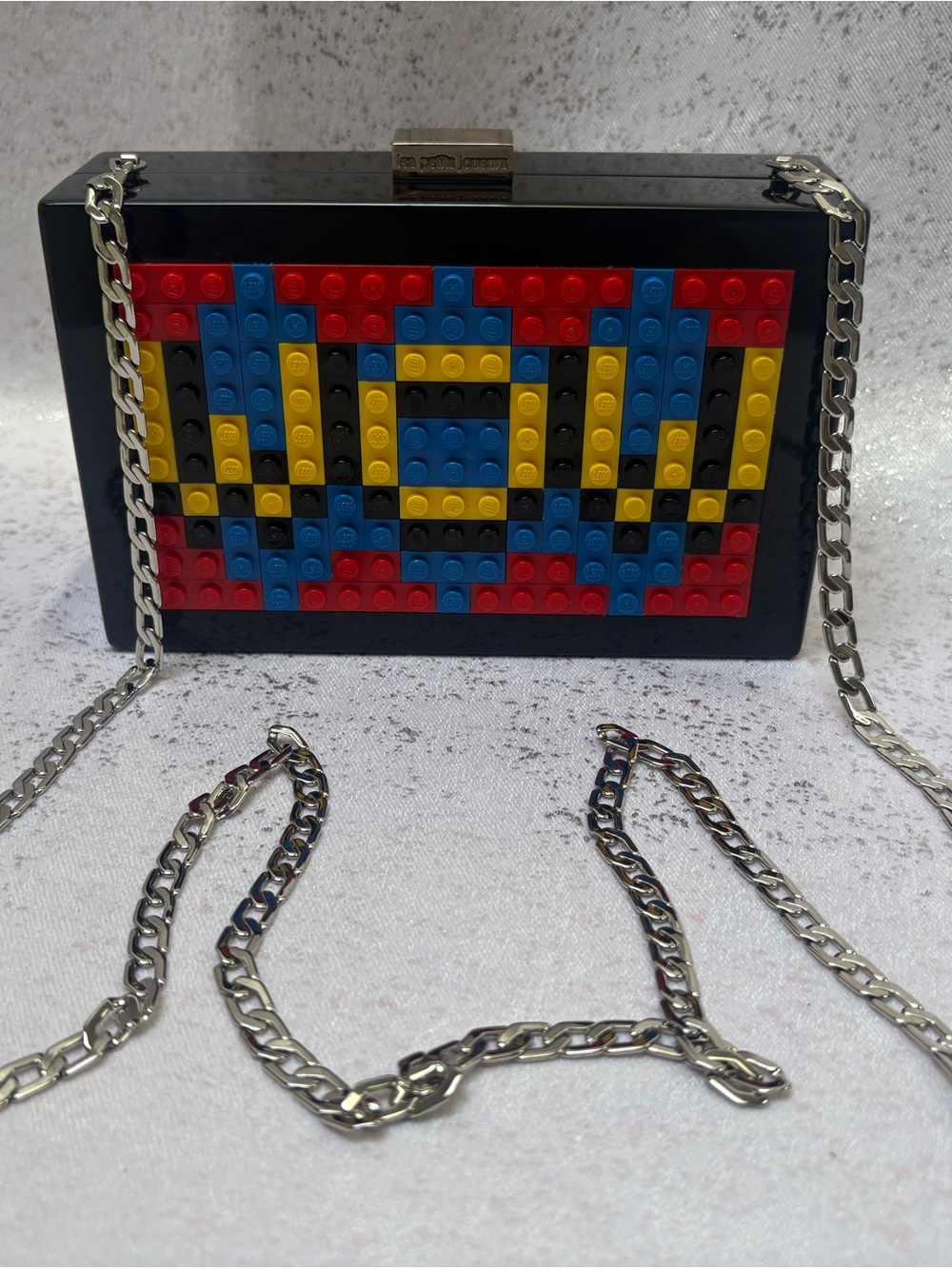 Les petits joueur Black Colorblock Studded Clutch with Chain Strap - Multicolor